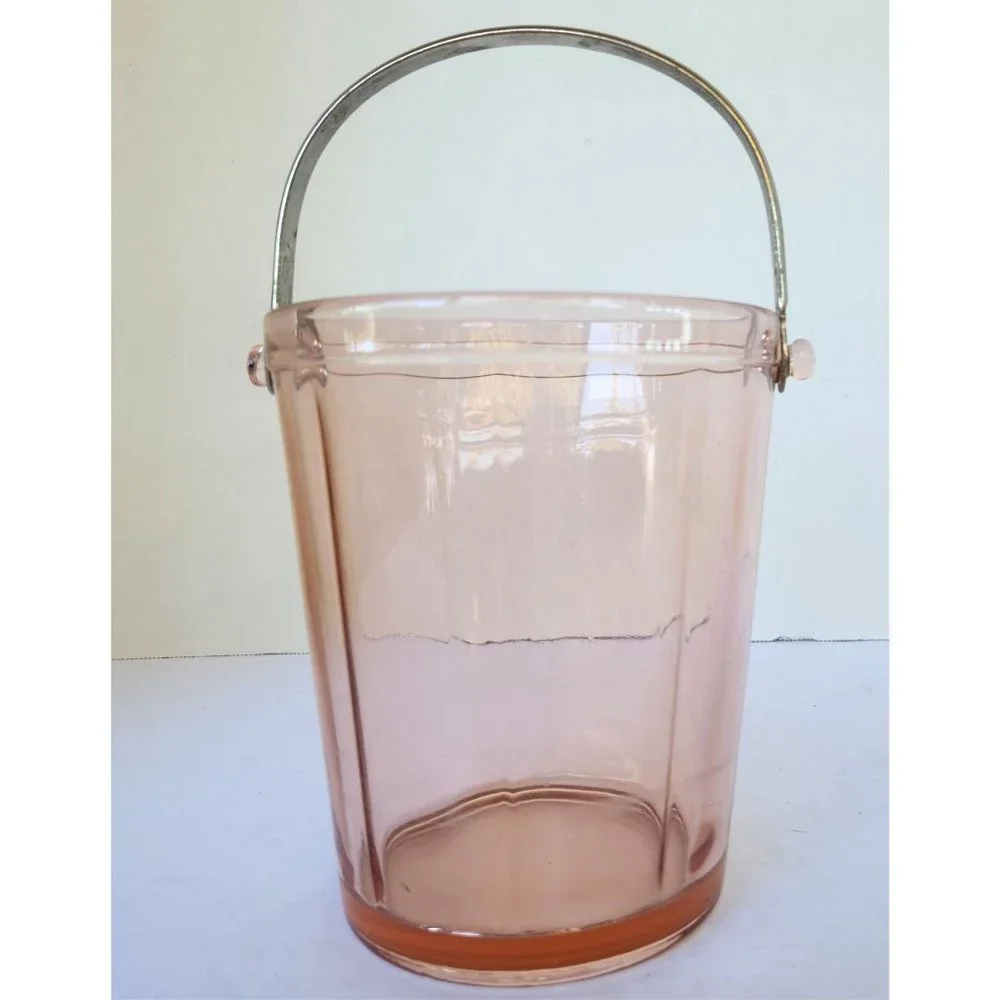 Antique Pink Depression Glass Minimalist Ice Bucket with Silver Handle